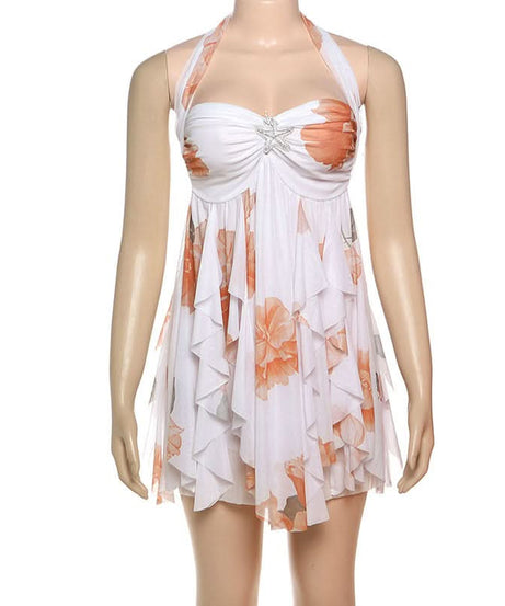 Autumn Glow Halter Floral Ruffle Mini Dress - Effortless Chic for Fall & Holiday Parties