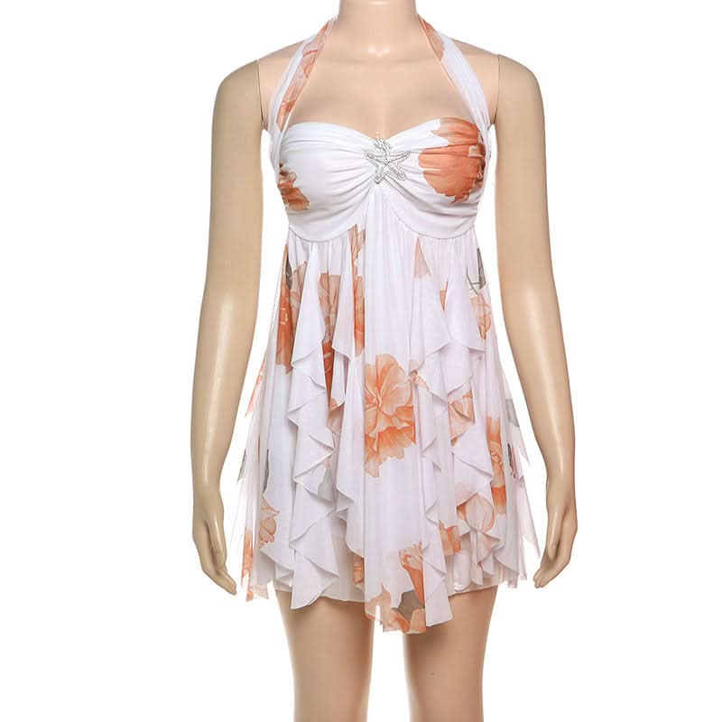 Autumn Glow Halter Floral Ruffle Mini Dress - Effortless Chic for Fall & Holiday Parties