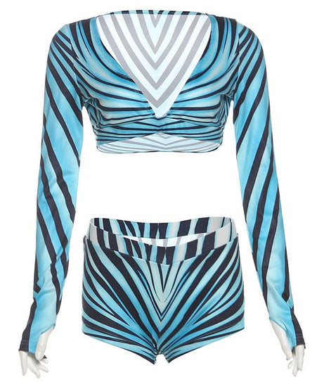 Dynamic Aqua Wave Stripe Long Sleeve Crop Top & Shorts Set | Chic Fall Athleisure