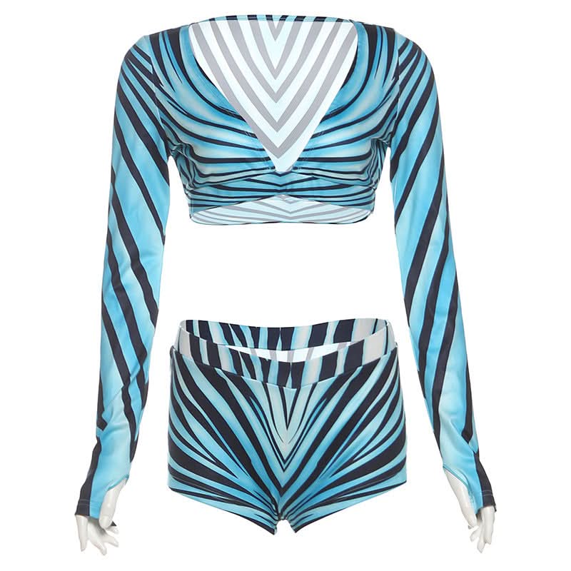 Dynamic Aqua Wave Stripe Long Sleeve Crop Top & Shorts Set | Chic Fall Athleisure