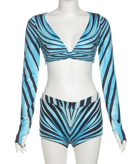 Dynamic Aqua Wave Stripe Long Sleeve Crop Top & Shorts Set | Chic Fall Athleisure