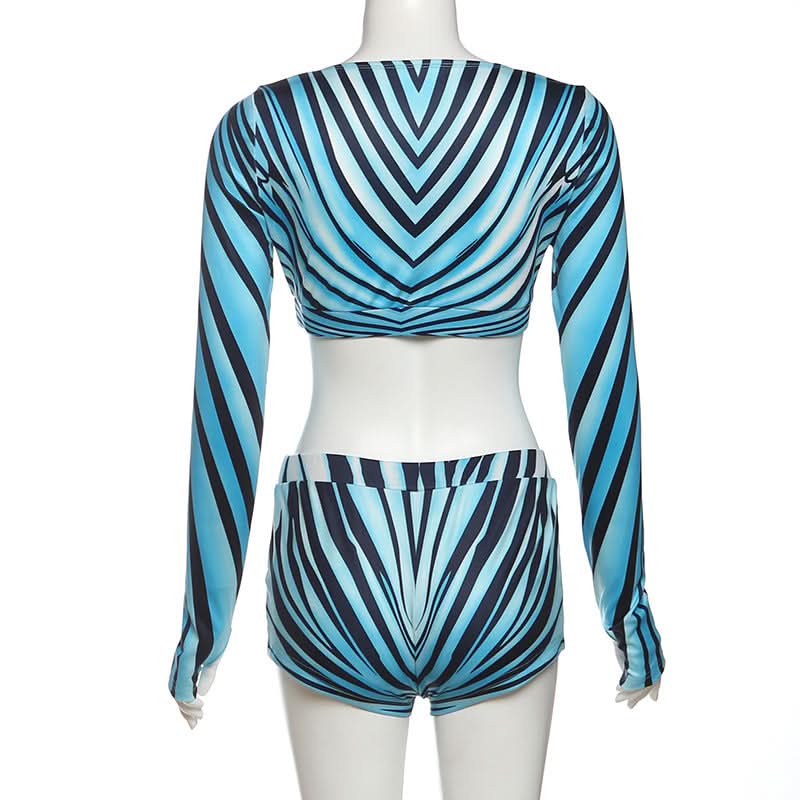 Dynamic Aqua Wave Stripe Long Sleeve Crop Top & Shorts Set | Chic Fall Athleisure