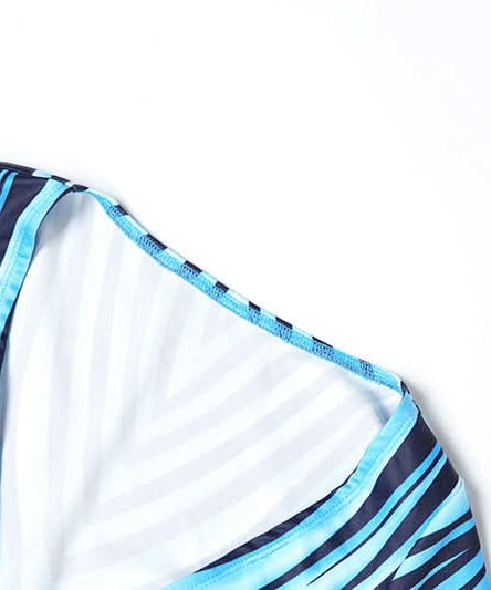 Dynamic Aqua Wave Stripe Long Sleeve Crop Top & Shorts Set | Chic Fall Athleisure