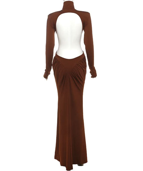 Autumn Glamour: Chocolate Brown Ruched Long Sleeve High-Neck Maxi Dress