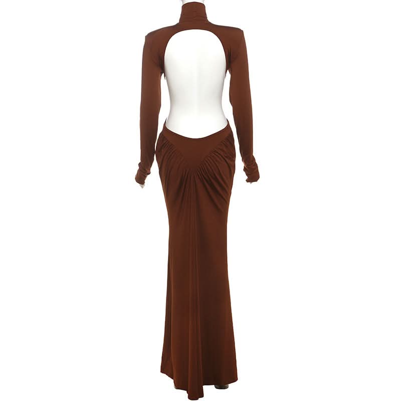 Autumn Glamour: Chocolate Brown Ruched Long Sleeve High-Neck Maxi Dress