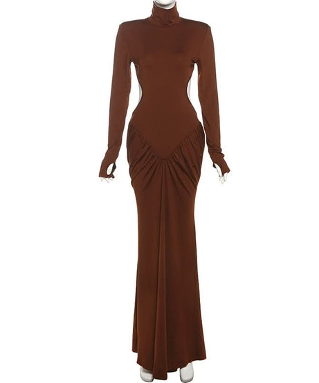 Autumn Glamour: Chocolate Brown Ruched Long Sleeve High-Neck Maxi Dress