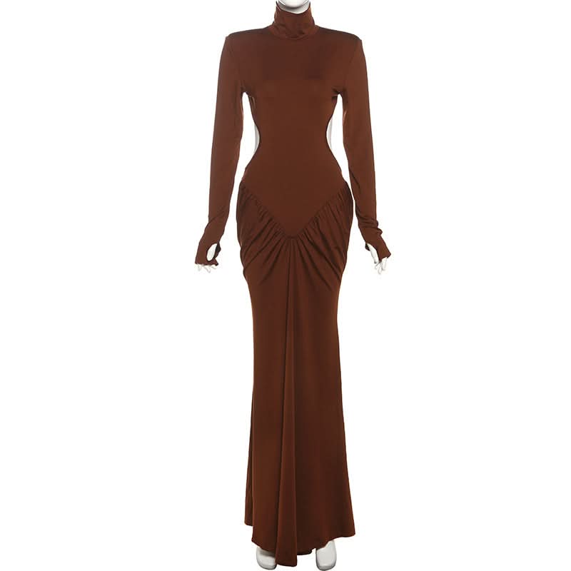 Autumn Glamour: Chocolate Brown Ruched Long Sleeve High-Neck Maxi Dress
