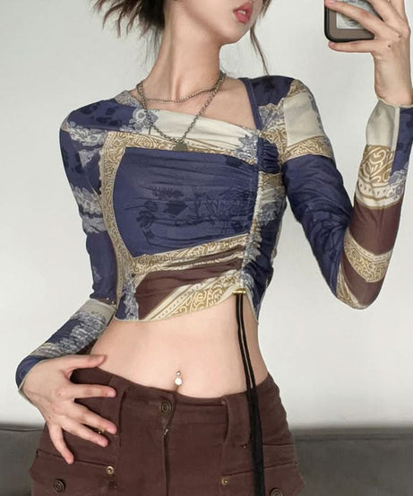 Trendy Y2K Scarf Print Crop Top - Asymmetric Long Sleeve Ruched Fall Fashion