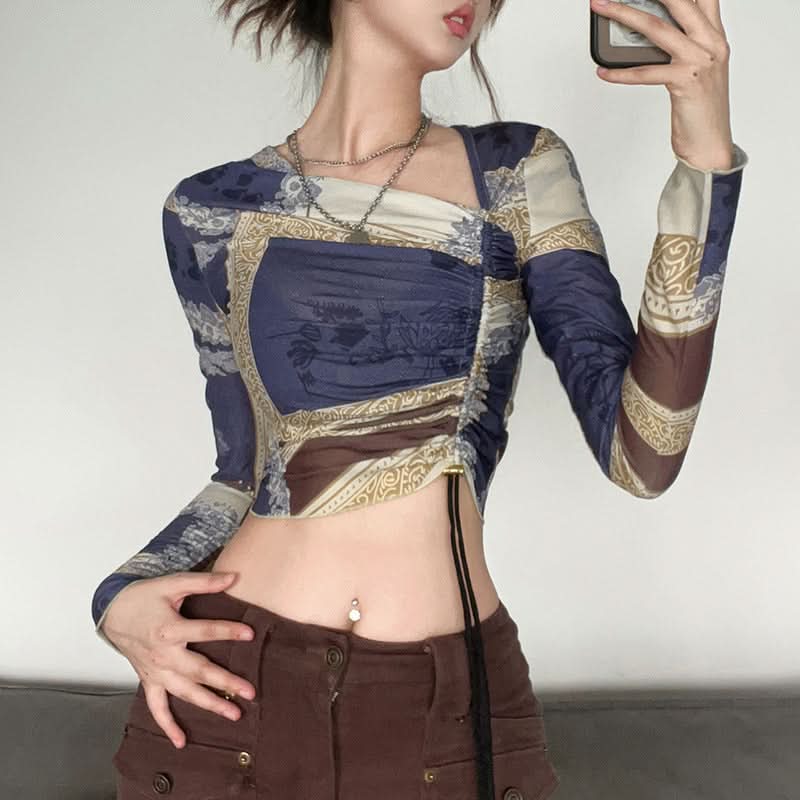 Trendy Y2K Scarf Print Crop Top - Asymmetric Long Sleeve Ruched Fall Fashion
