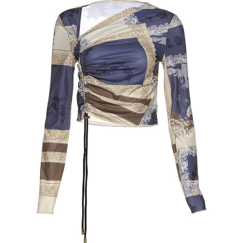 Trendy Y2K Scarf Print Crop Top - Asymmetric Long Sleeve Ruched Fall Fashion