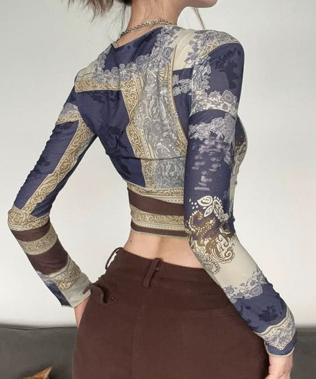 Trendy Y2K Scarf Print Crop Top - Asymmetric Long Sleeve Ruched Fall Fashion