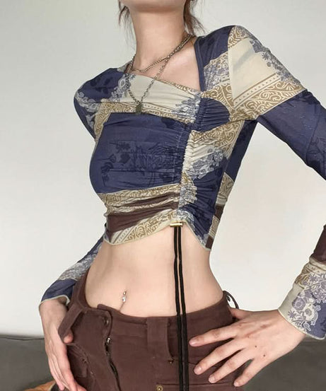 Trendy Y2K Scarf Print Crop Top - Asymmetric Long Sleeve Ruched Fall Fashion