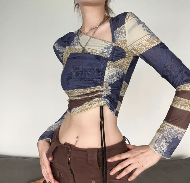 Trendy Y2K Scarf Print Crop Top - Asymmetric Long Sleeve Ruched Fall Fashion