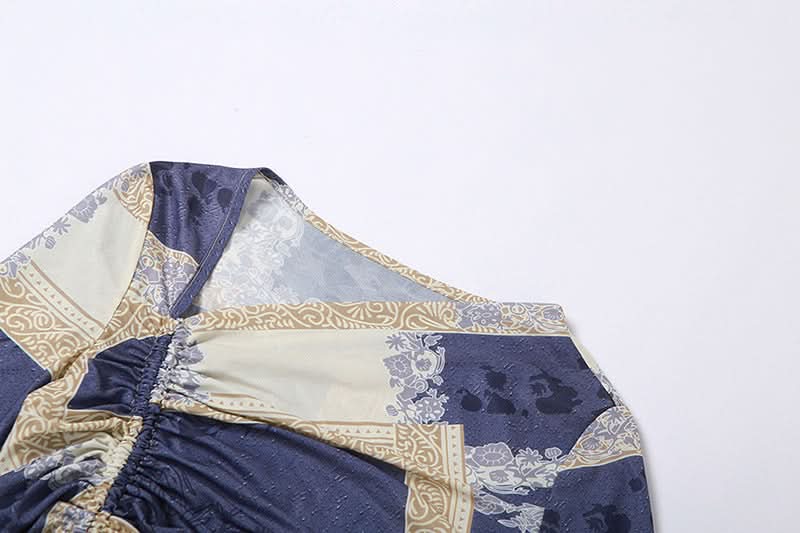 Trendy Y2K Scarf Print Crop Top - Asymmetric Long Sleeve Ruched Fall Fashion