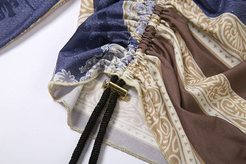 Trendy Y2K Scarf Print Crop Top - Asymmetric Long Sleeve Ruched Fall Fashion