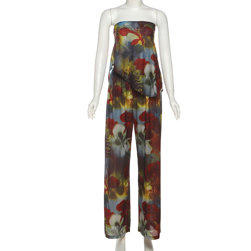 Autumn Bloom Strapless Top & Wide-Leg Pant Set - Chic Fall Floral Co-Ord