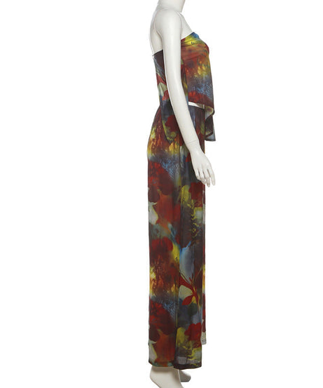 Autumn Bloom Strapless Top & Wide-Leg Pant Set - Chic Fall Floral Co-Ord
