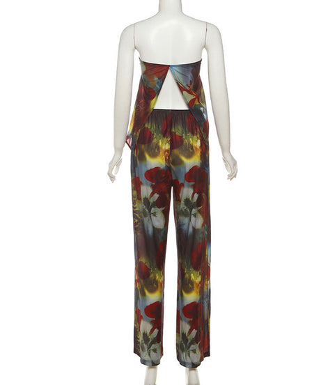 Autumn Bloom Strapless Top & Wide-Leg Pant Set - Chic Fall Floral Co-Ord