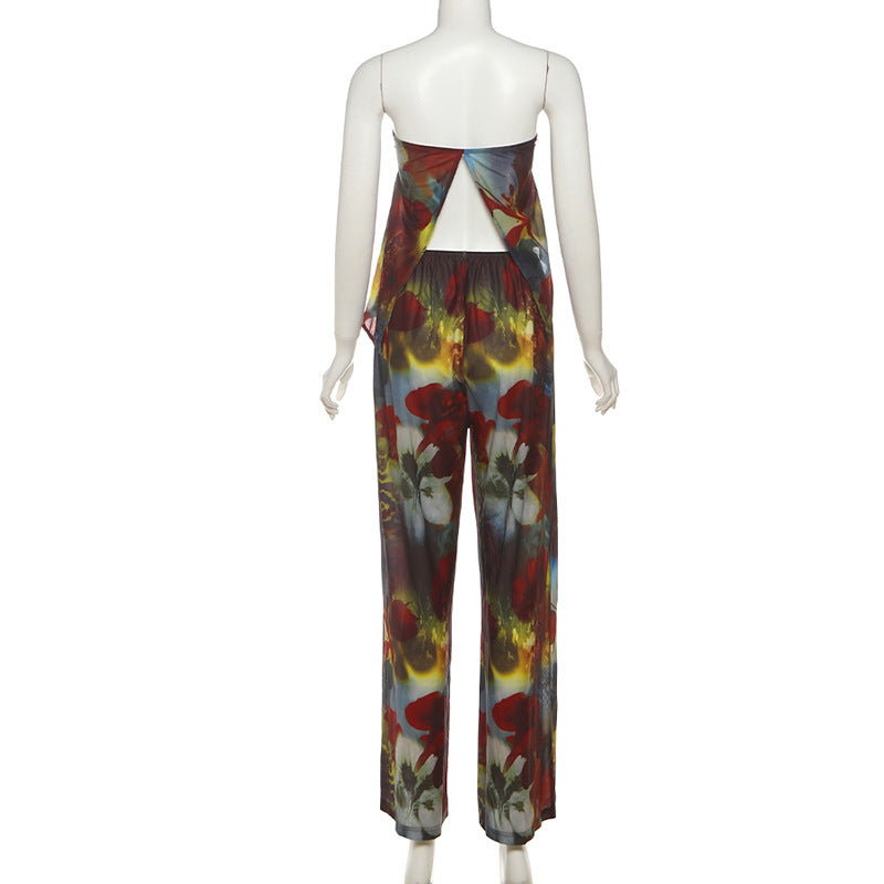 Autumn Bloom Strapless Top & Wide-Leg Pant Set - Chic Fall Floral Co-Ord