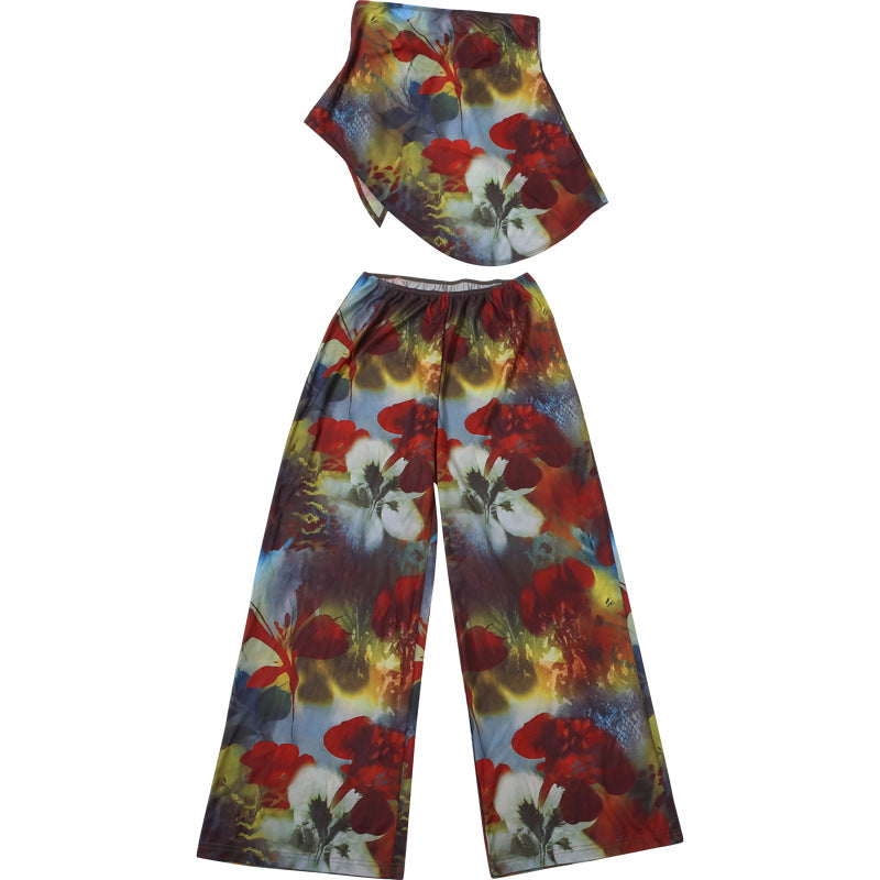 Autumn Bloom Strapless Top & Wide-Leg Pant Set - Chic Fall Floral Co-Ord