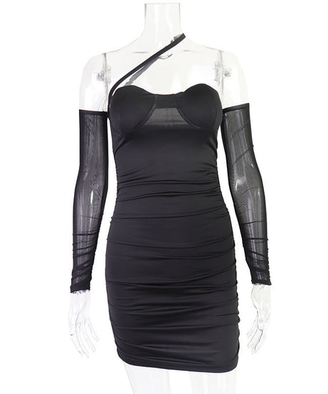 Sultry Black One-Shoulder Mesh Ruched Mini Dress - Your Fall & Holiday Party Statement