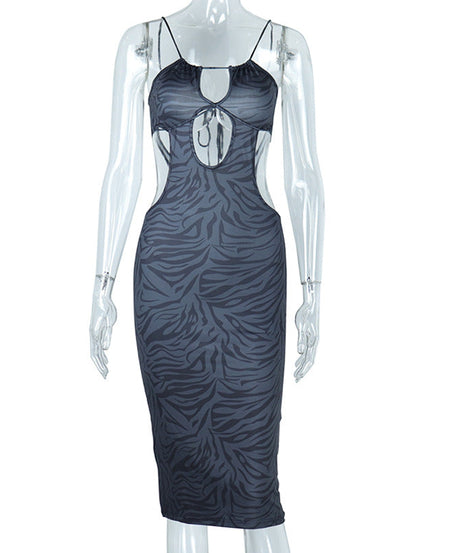 Sleek Black Zebra Print Cut-Out Bodycon Midi Dress – Daring Style for Fall Parties & Halloween
