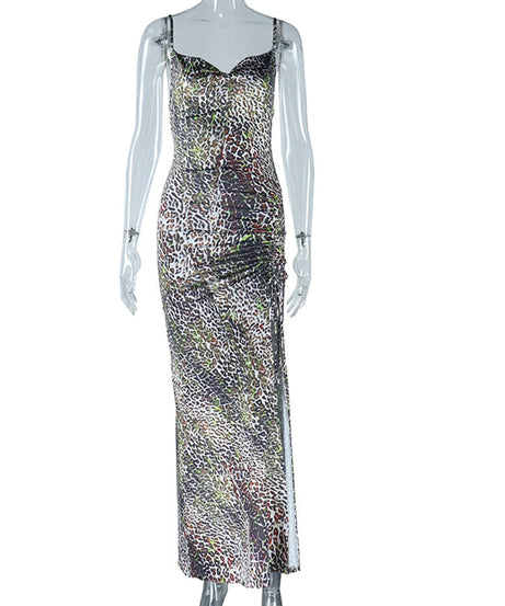 Glamorous Leopard Print Ruched Slit Maxi Dress – Perfect for Fall & Holiday Parties