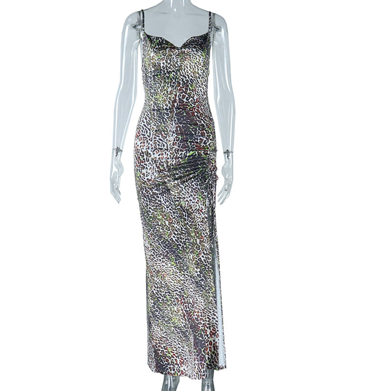 Glamorous Leopard Print Ruched Slit Maxi Dress – Perfect for Fall & Holiday Parties