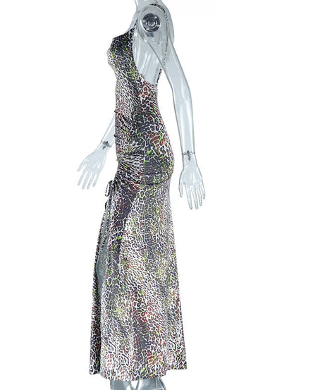 Glamorous Leopard Print Ruched Slit Maxi Dress – Perfect for Fall & Holiday Parties