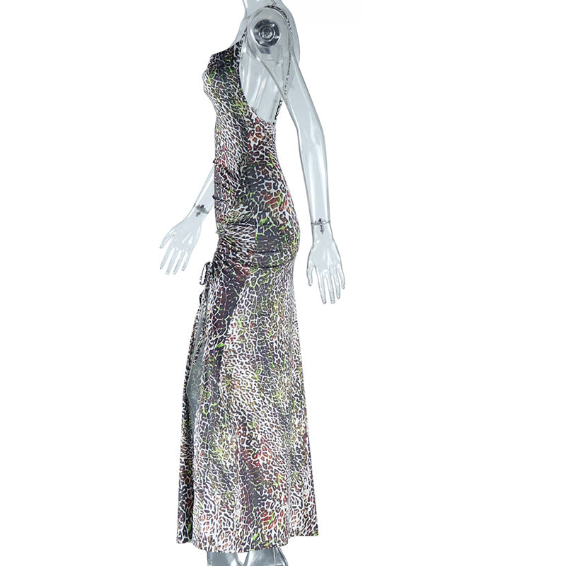 Glamorous Leopard Print Ruched Slit Maxi Dress – Perfect for Fall & Holiday Parties