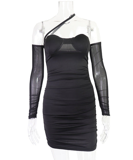 Sultry Black One-Shoulder Mesh Ruched Mini Dress - Your Fall & Holiday Party Statement