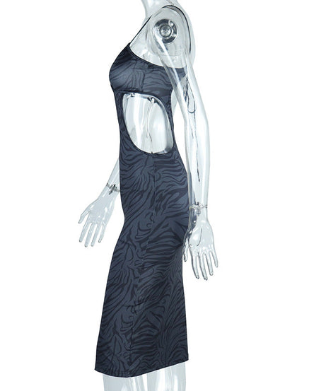 Sleek Black Zebra Print Cut-Out Bodycon Midi Dress – Daring Style for Fall Parties & Halloween