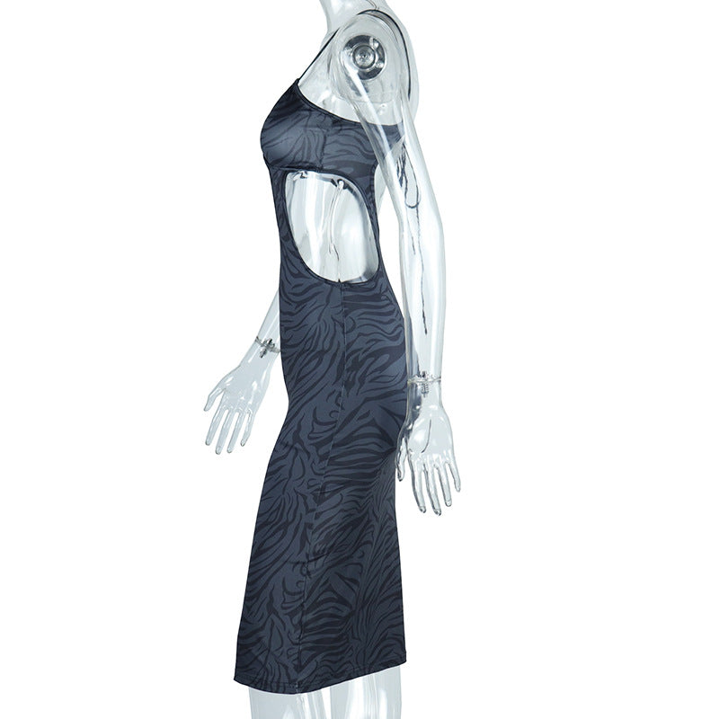 Sleek Black Zebra Print Cut-Out Bodycon Midi Dress – Daring Style for Fall Parties & Halloween
