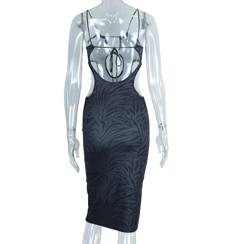 Sleek Black Zebra Print Cut-Out Bodycon Midi Dress – Daring Style for Fall Parties & Halloween