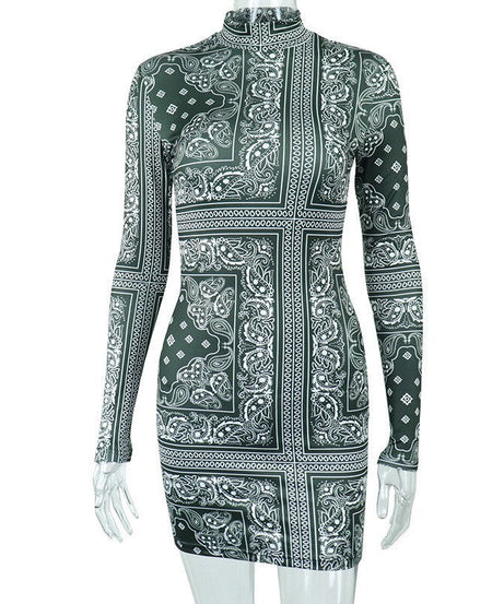 Fall Vibe: Bandana Print High Neck Bodycon Mini Dress – Trendy & Curve-Hugging