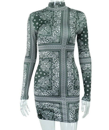 Fall Vibe: Bandana Print High Neck Bodycon Mini Dress – Trendy & Curve-Hugging