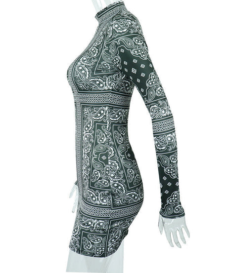 Fall Vibe: Bandana Print High Neck Bodycon Mini Dress – Trendy & Curve-Hugging