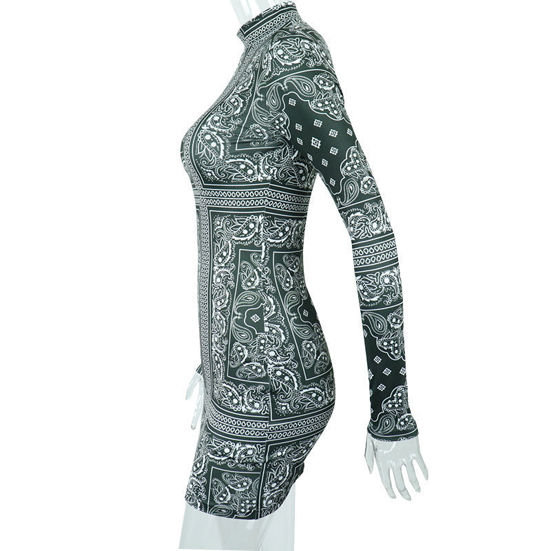 Fall Vibe: Bandana Print High Neck Bodycon Mini Dress – Trendy & Curve-Hugging