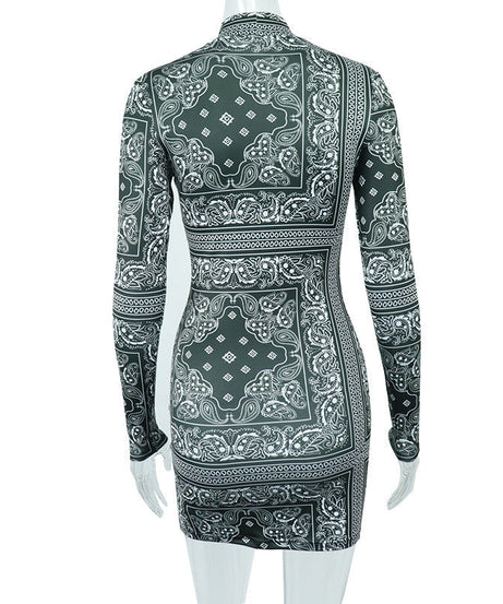 Fall Vibe: Bandana Print High Neck Bodycon Mini Dress – Trendy & Curve-Hugging