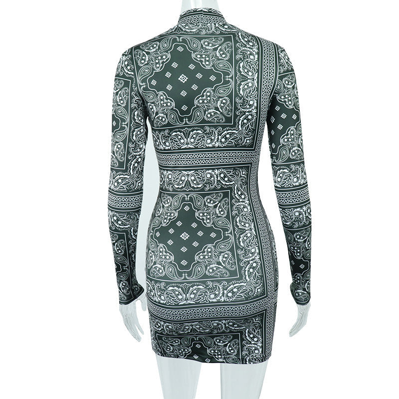 Fall Vibe: Bandana Print High Neck Bodycon Mini Dress – Trendy & Curve-Hugging