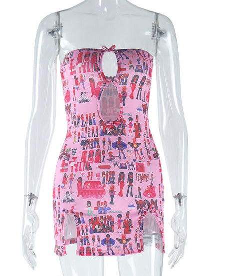 Pink Doll Print Strapless Mini Dress | Flirty Cutout & Bow | Y2K Style for Fall Parties & Halloween