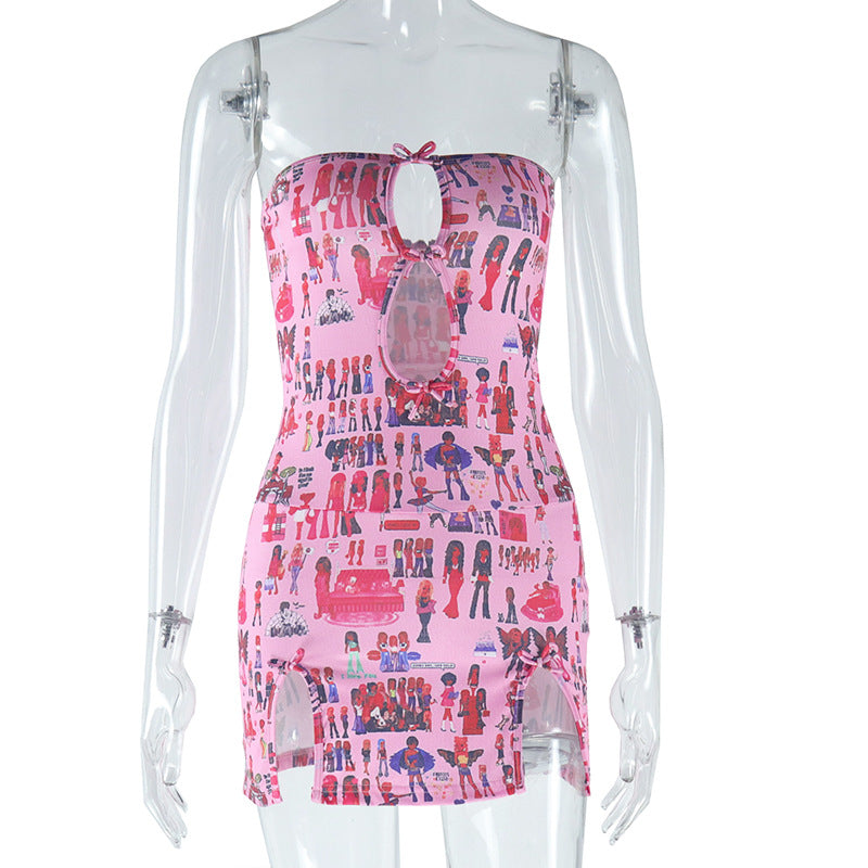 Pink Doll Print Strapless Mini Dress | Flirty Cutout & Bow | Y2K Style for Fall Parties & Halloween