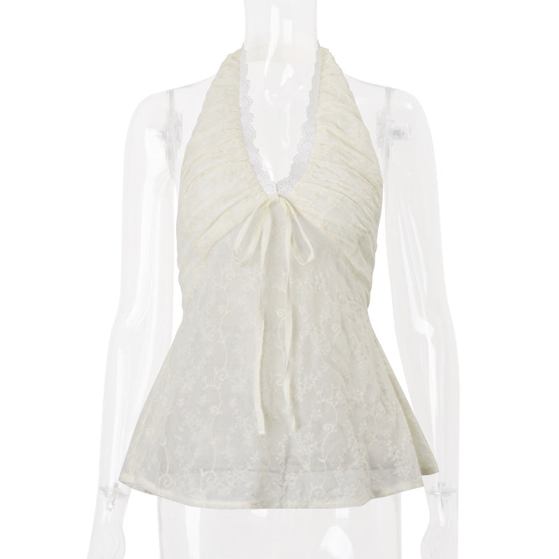 Enchanting Lace Halter Smocked Top - Romantic Boho Chic for Fall Layering & Escape