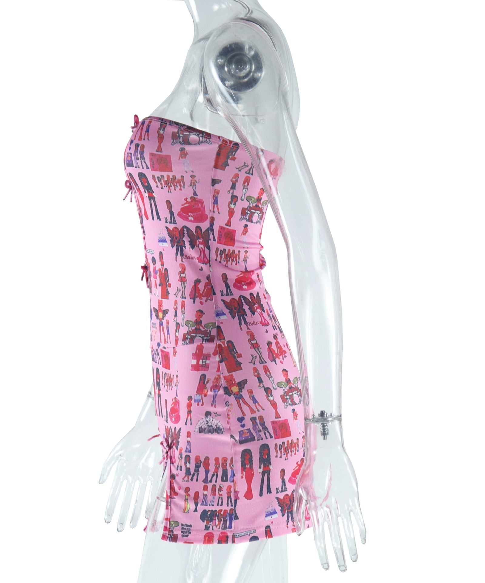 Pink Doll Print Strapless Mini Dress | Flirty Cutout & Bow | Y2K Style for Fall Parties & Halloween