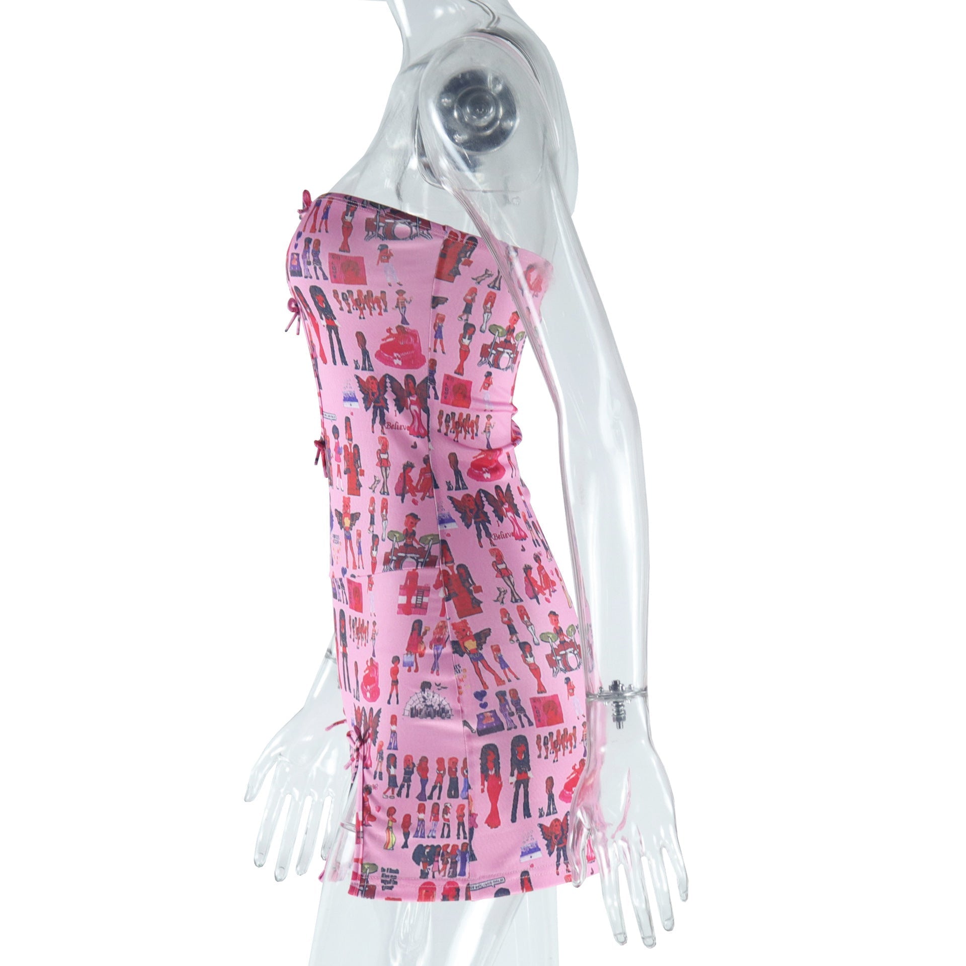Pink Doll Print Strapless Mini Dress | Flirty Cutout & Bow | Y2K Style for Fall Parties & Halloween