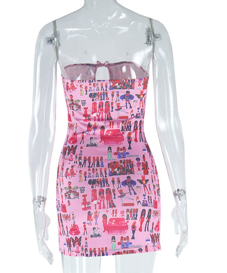 Pink Doll Print Strapless Mini Dress | Flirty Cutout & Bow | Y2K Style for Fall Parties & Halloween