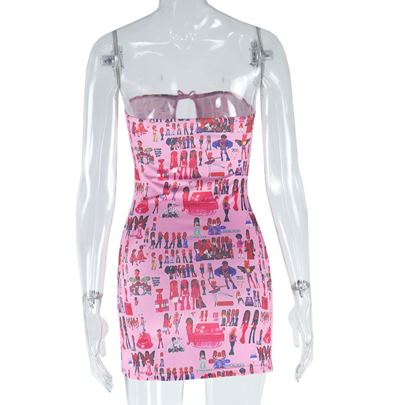 Pink Doll Print Strapless Mini Dress | Flirty Cutout & Bow | Y2K Style for Fall Parties & Halloween