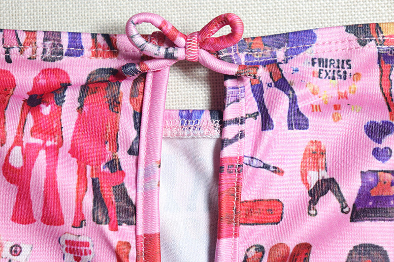 Pink Doll Print Strapless Mini Dress | Flirty Cutout & Bow | Y2K Style for Fall Parties & Halloween