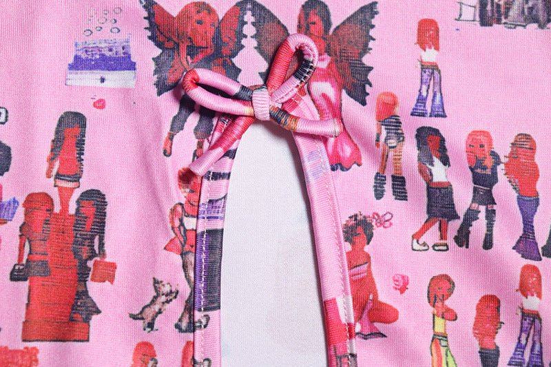 Pink Doll Print Strapless Mini Dress | Flirty Cutout & Bow | Y2K Style for Fall Parties & Halloween