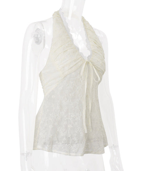 Enchanting Lace Halter Smocked Top - Romantic Boho Chic for Fall Layering & Escape